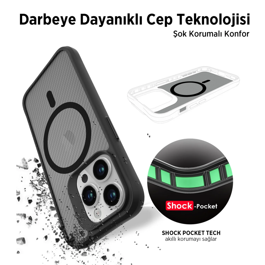 Bix iPhone 14 Pro Max Carbon Fiber Force MagSafe Kılıf Anti-Şok Teknolojili Kamera ve Ekran Korumalı - 8