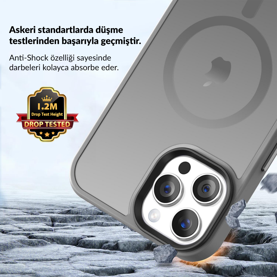 Bix iPhone 14 Pro Max MagSafe Uyumlu Kılıf Tam Koruma Manyetik Darbe Emici Gri - 3