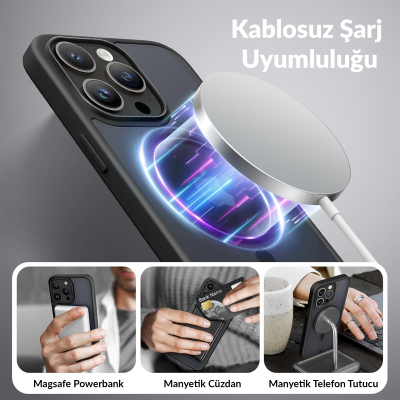 Bix iPhone 14 Pro Max MagSafe Uyumlu Kılıf Tam Koruma Manyetik Darbe Emici Siyah - 3