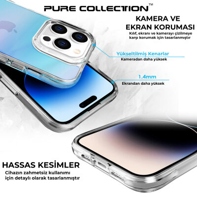 Bix iPhone 14 Pro Max Pure Rainbow Renk Geçişli Şeffaf Kılıf Çizilmeye Dayanıklı Darbe Emici Mavi - 7