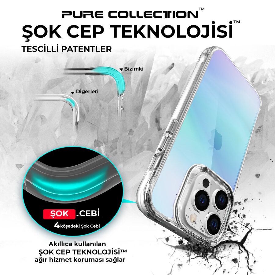 Bix iPhone 14 Pro Max Pure Rainbow Renk Geçişli Şeffaf Kılıf Çizilmeye Dayanıklı Darbe Emici Mavi - 11