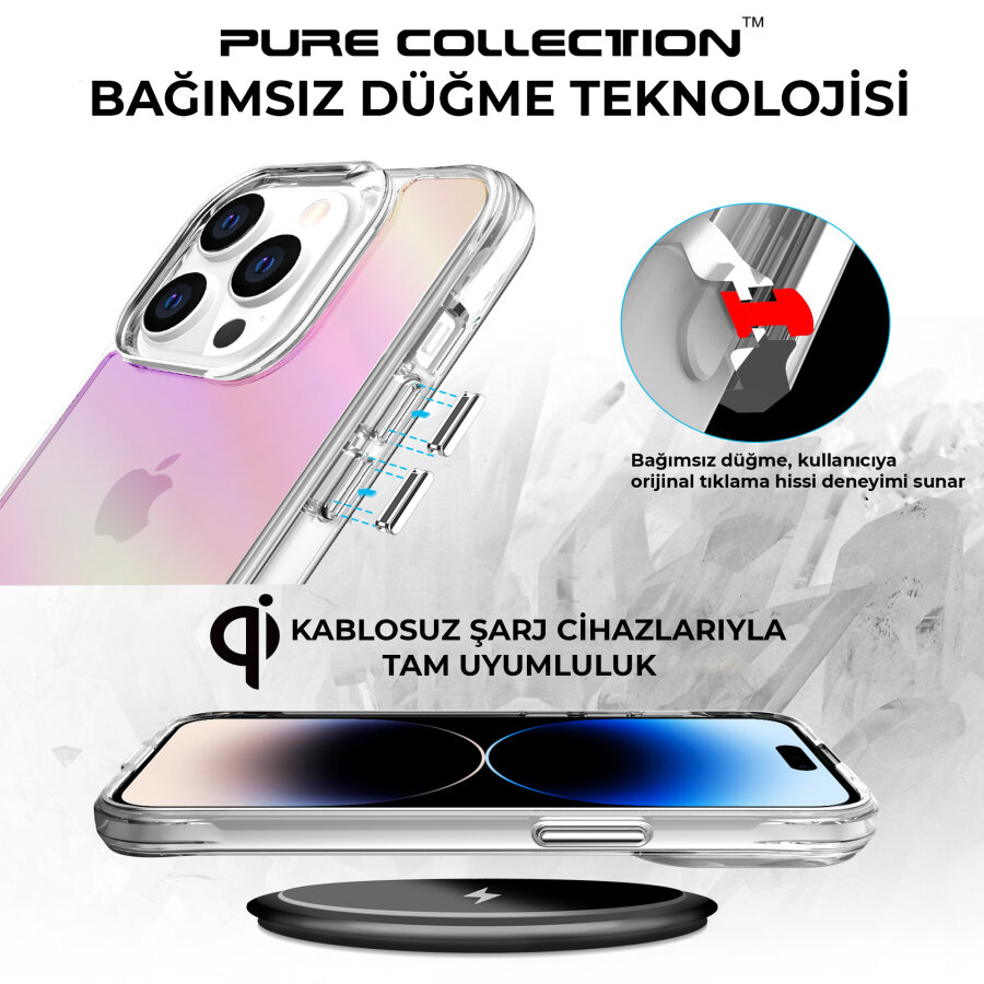 Bix iPhone 14 Pro Max Pure Rainbow Renk Geçişli Şeffaf Kılıf Çizilmeye Dayanıklı Darbe Emici Pembe - 6