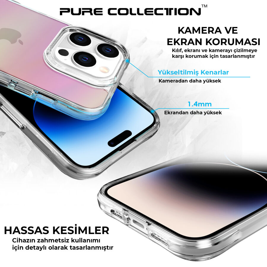 Bix iPhone 14 Pro Max Pure Rainbow Renk Geçişli Şeffaf Kılıf Çizilmeye Dayanıklı Darbe Emici Pembe - 8