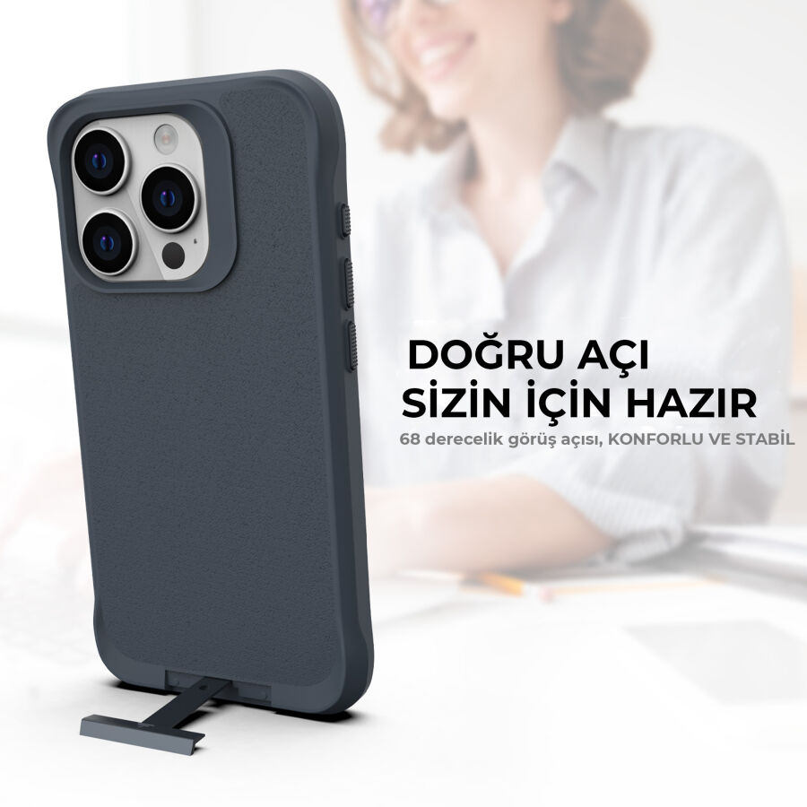 Bix iPhone 14 Pro Max Vortex MagSafe Kılıf Stand Özellikli 3X Korumalı Mikro Fiber İç Yüzey Gri Mavi - 6