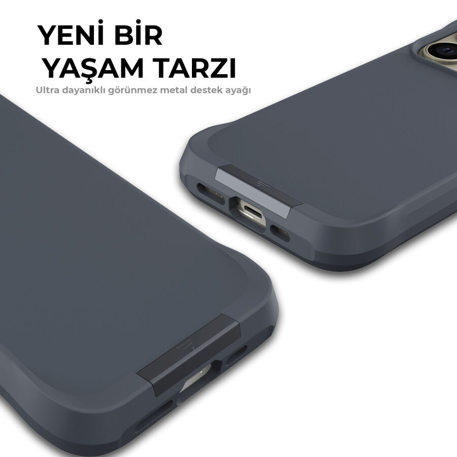 Bix iPhone 14 Pro Max Vortex MagSafe Kılıf Stand Özellikli 3X Korumalı Mikro Fiber İç Yüzey Gri Mavi - 9