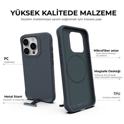 Bix iPhone 14 Pro Max Vortex MagSafe Kılıf Stand Özellikli 3X Korumalı Mikro Fiber İç Yüzey Gri Mavi - 11