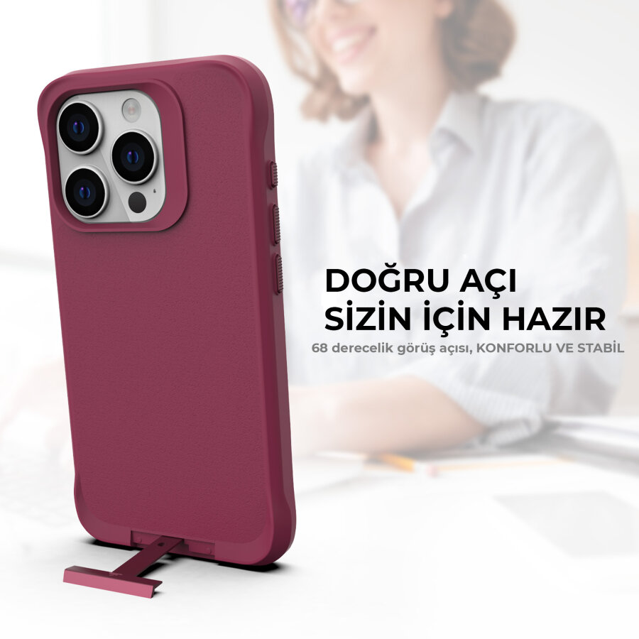 Bix iPhone 14 Pro Max Vortex MagSafe Kılıf Stand Özellikli 3X Korumalı Mikro Fiber İç Yüzey Kırmızı - 6