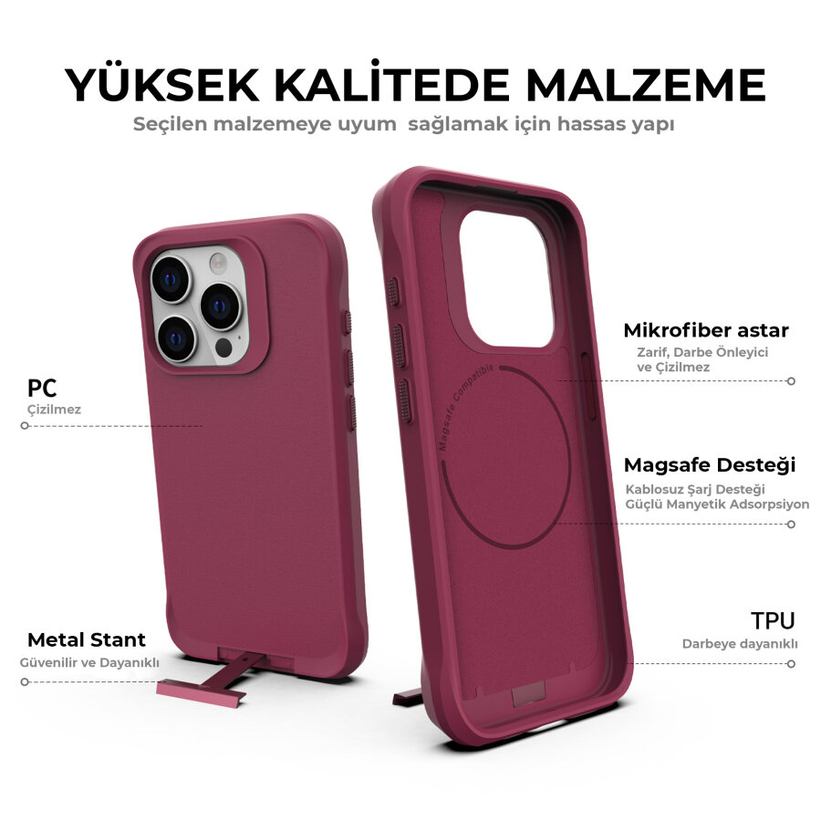 Bix iPhone 14 Pro Max Vortex MagSafe Kılıf Stand Özellikli 3X Korumalı Mikro Fiber İç Yüzey Kırmızı - 11
