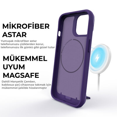 Bix iPhone 14 Pro Max Vortex MagSafe Kılıf Stand Özellikli 3X Korumalı Mikro Fiber İç Yüzey Koyu Mor - 5
