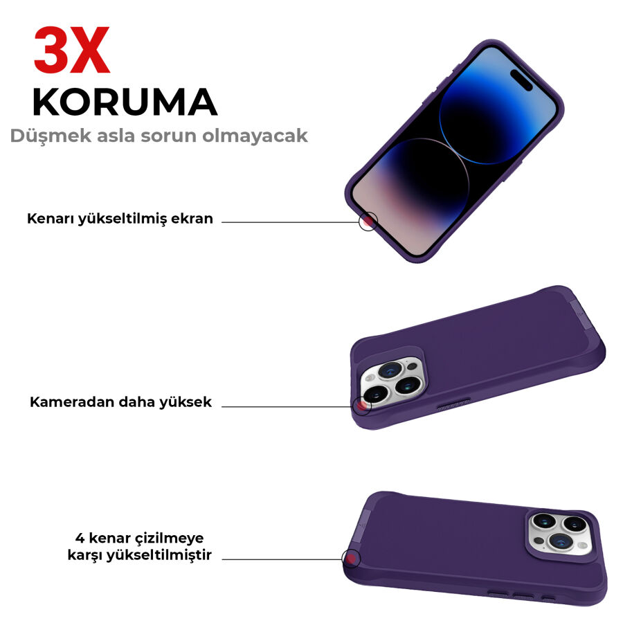 Bix iPhone 14 Pro Max Vortex MagSafe Kılıf Stand Özellikli 3X Korumalı Mikro Fiber İç Yüzey Koyu Mor - 6