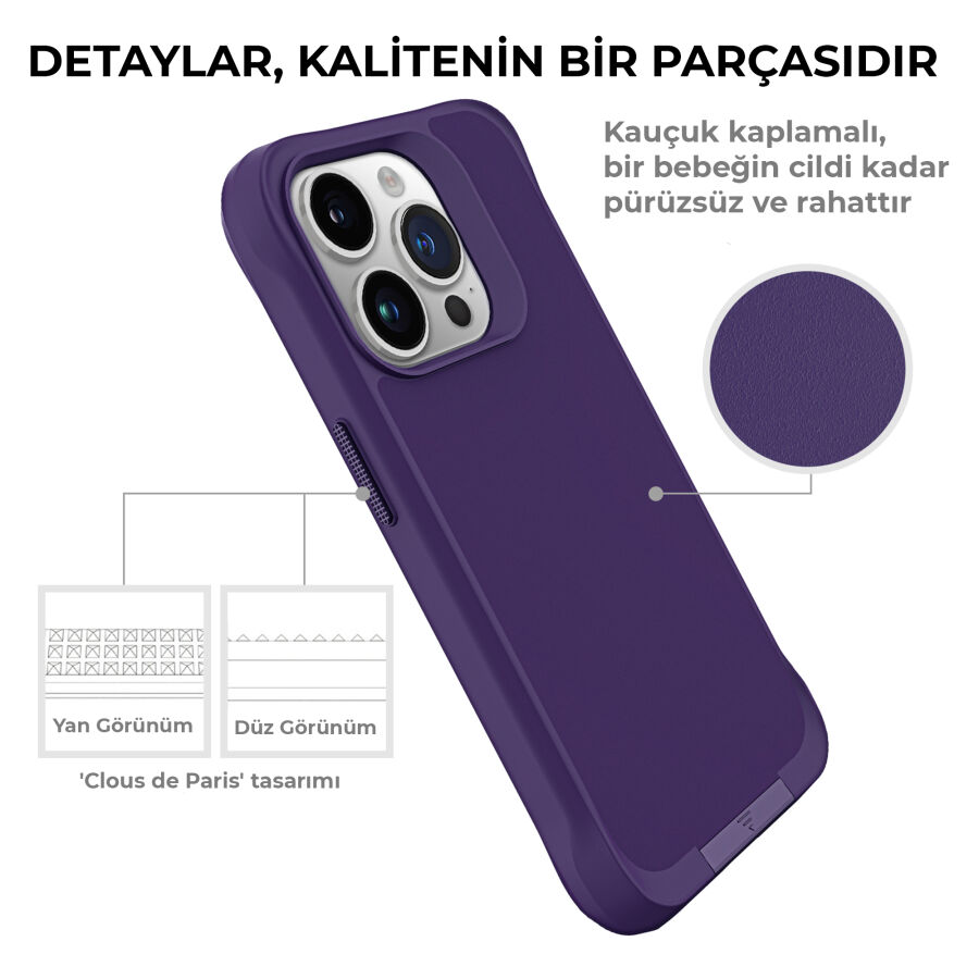 Bix iPhone 14 Pro Max Vortex MagSafe Kılıf Stand Özellikli 3X Korumalı Mikro Fiber İç Yüzey Koyu Mor - 11