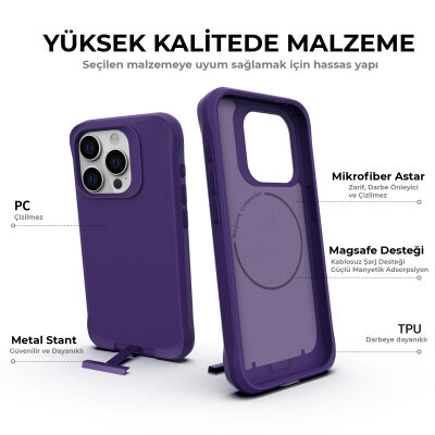 Bix iPhone 14 Pro Max Vortex MagSafe Kılıf Stand Özellikli 3X Korumalı Mikro Fiber İç Yüzey Koyu Mor - 12