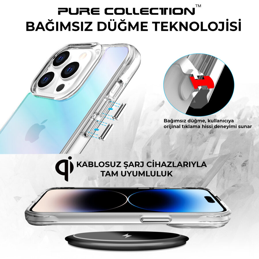 Bix iPhone 14 Pro Pure Rainbow Renk Geçişli Şeffaf Kılıf Çizilmeye Dayanıklı Darbe Emici Parmak İzi Önleyici Mavi - 5
