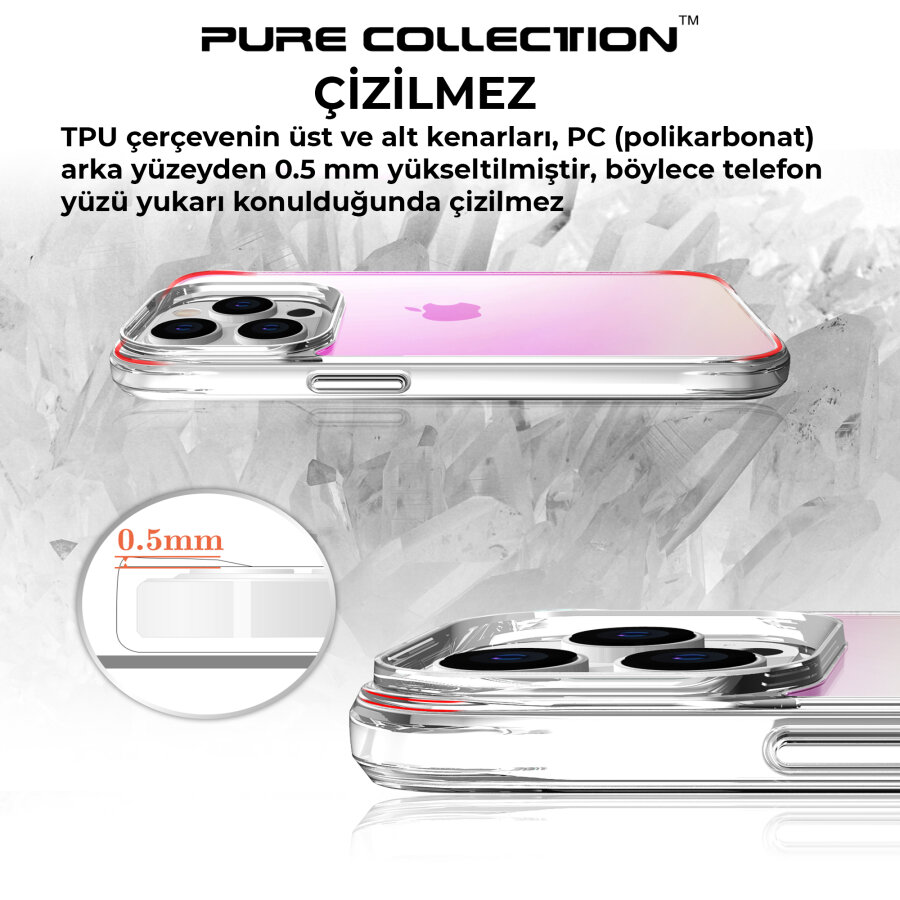 Bix iPhone 14 Pro Pure Rainbow Renk Geçişli Şeffaf Kılıf Çizilmeye Dayanıklı Darbe Emici Pembe - 5