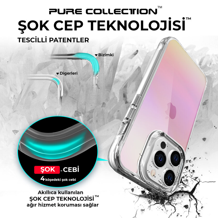 Bix iPhone 14 Pro Pure Rainbow Renk Geçişli Şeffaf Kılıf Çizilmeye Dayanıklı Darbe Emici Pembe - 6