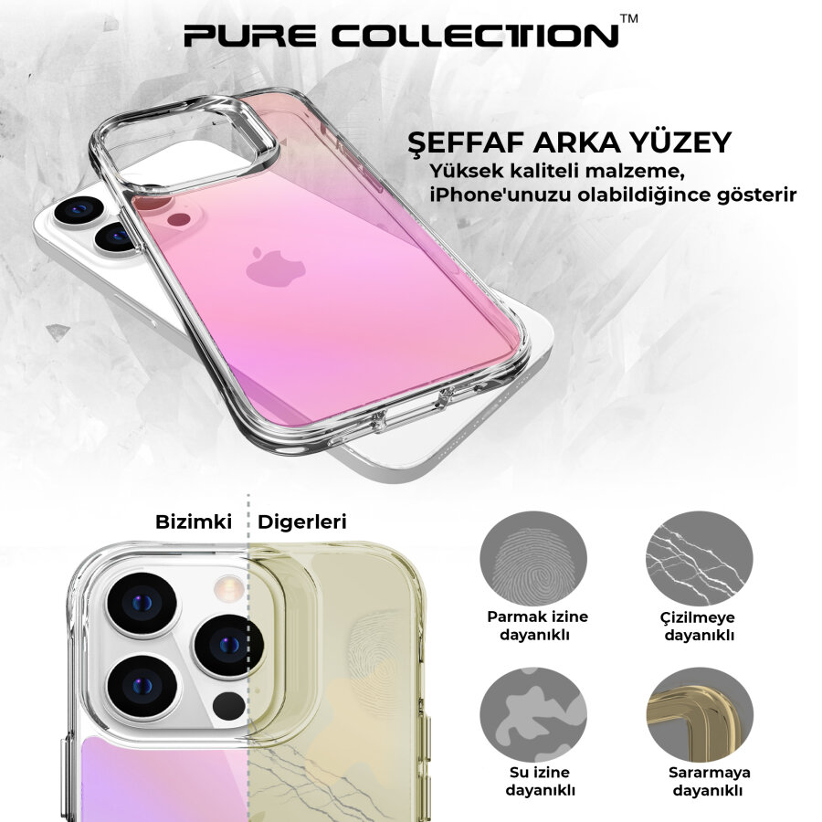 Bix iPhone 14 Pro Pure Rainbow Renk Geçişli Şeffaf Kılıf Çizilmeye Dayanıklı Darbe Emici Pembe - 10