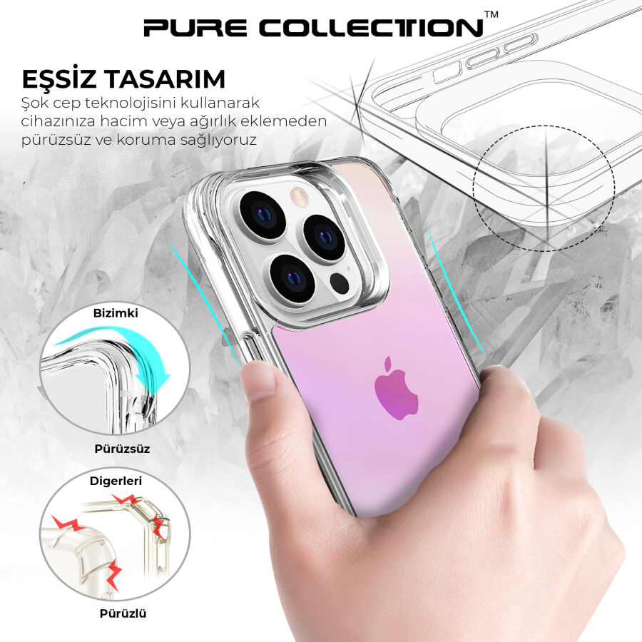 Bix iPhone 14 Pro Pure Rainbow Renk Geçişli Şeffaf Kılıf Çizilmeye Dayanıklı Darbe Emici Pembe - 12