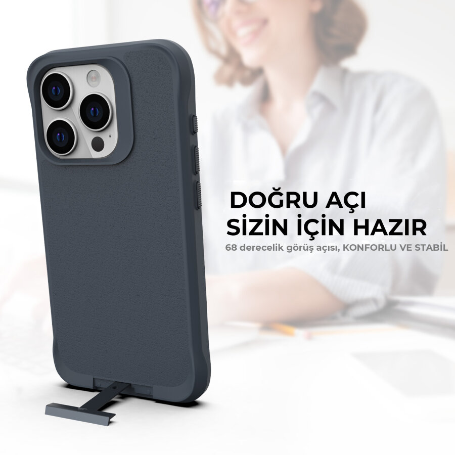 Bix iPhone 14 Pro Vortex MagSafe Kılıf Stand Özellikli 3X Korumalı Mikro Fiber İç Yüzey Gri Mavi - 4