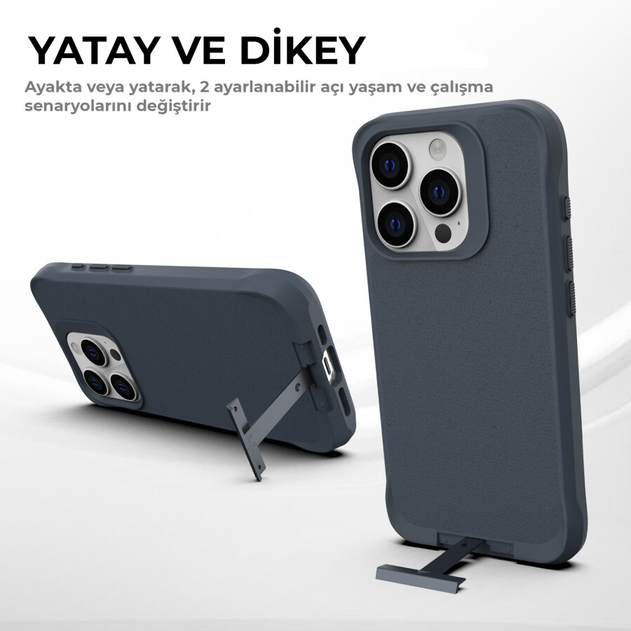 Bix iPhone 14 Pro Vortex MagSafe Kılıf Stand Özellikli 3X Korumalı Mikro Fiber İç Yüzey Gri Mavi - 6