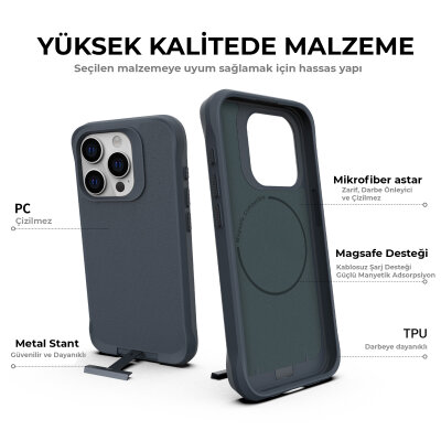 Bix iPhone 14 Pro Vortex MagSafe Kılıf Stand Özellikli 3X Korumalı Mikro Fiber İç Yüzey Gri Mavi - 9
