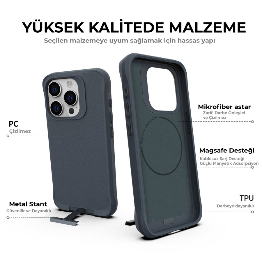 Bix iPhone 14 Pro Vortex MagSafe Kılıf Stand Özellikli 3X Korumalı Mikro Fiber İç Yüzey Gri Mavi - 9