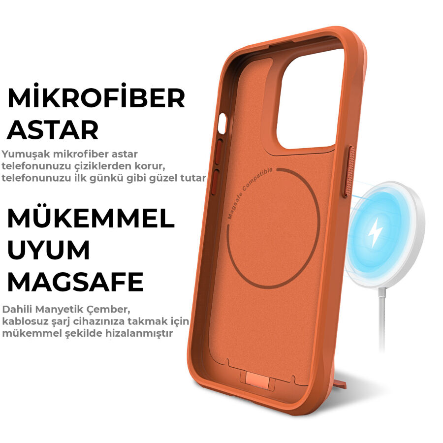 Bix iPhone 14 Pro Vortex MagSafe Kılıf Stand Özellikli 3X Korumalı Mikro Fiber İç Yüzey Turuncu - 10