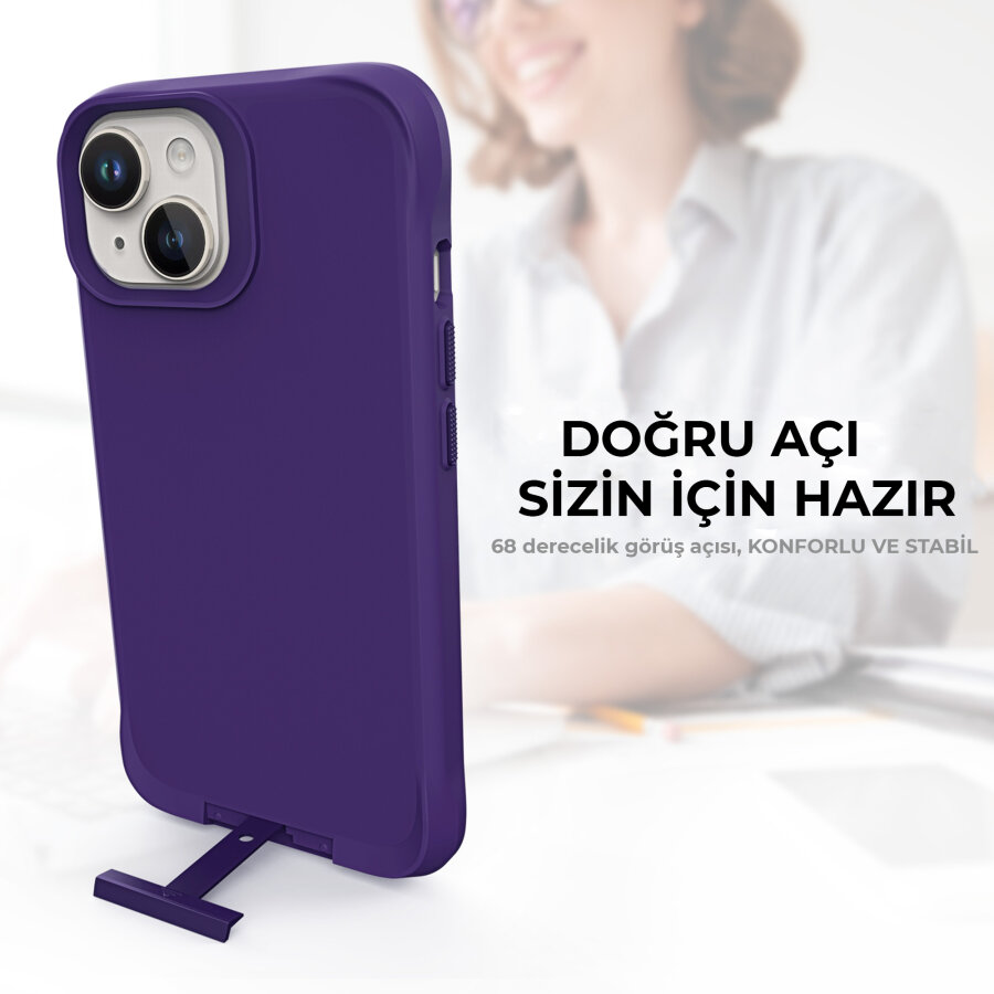 Bix iPhone 14 Vortex MagSafe Kılıf Stand Özellikli 3X Korumalı Mikro Fiber İç Yüzey Koyu Mor - 6