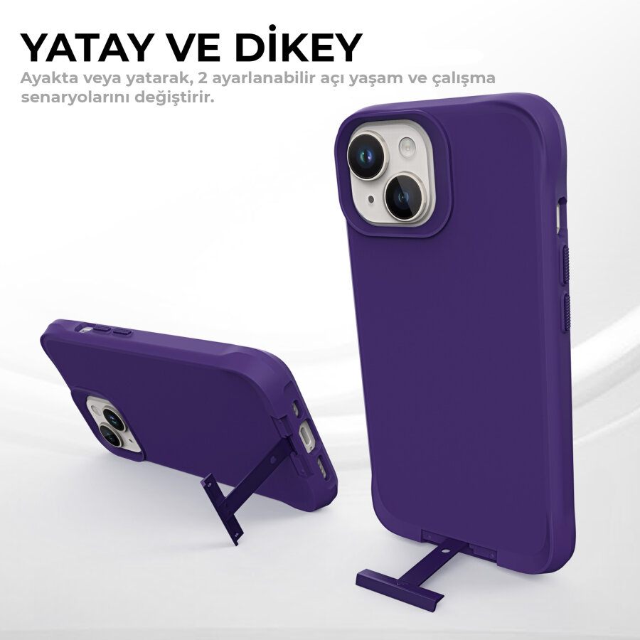 Bix iPhone 14 Vortex MagSafe Kılıf Stand Özellikli 3X Korumalı Mikro Fiber İç Yüzey Koyu Mor - 8