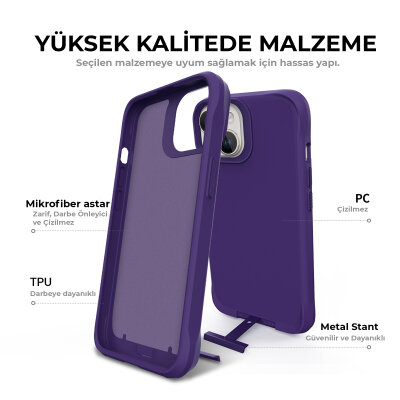 Bix iPhone 14 Vortex MagSafe Kılıf Stand Özellikli 3X Korumalı Mikro Fiber İç Yüzey Koyu Mor - 9