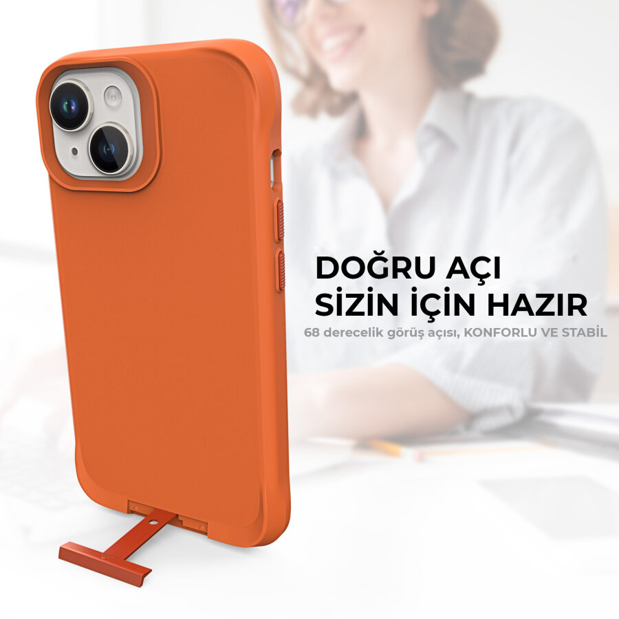 Bix iPhone 14 Vortex MagSafe Kılıf Stand Özellikli 3X Korumalı Mikro Fiber İç Yüzey Turuncu - 6