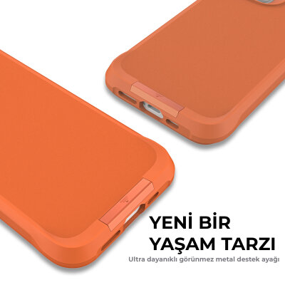 Bix iPhone 14 Vortex MagSafe Kılıf Stand Özellikli 3X Korumalı Mikro Fiber İç Yüzey Turuncu - 9