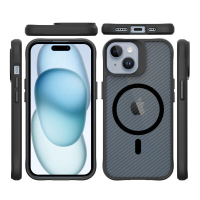 Bix iPhone 15 Carbon Fiber Force MagSafe Kılıf Anti-Şok Teknolojili Kamera ve Ekran Korumalı