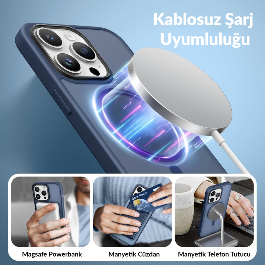 Bix iPhone 15 Pro MagSafe Uyumlu Kılıf Tam Koruma Manyetik Darbe Emici Gece Mavisi - 5