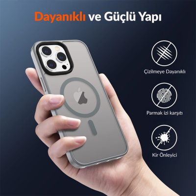 Bix iPhone 15 Pro MagSafe Uyumlu Kılıf Tam Koruma Manyetik Darbe Emici Gri - 5