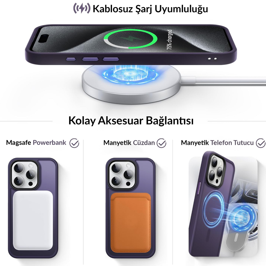 Bix iPhone 15 Pro MagSafe Uyumlu Kılıf Tam Koruma Manyetik Darbe Emici Mor - 6