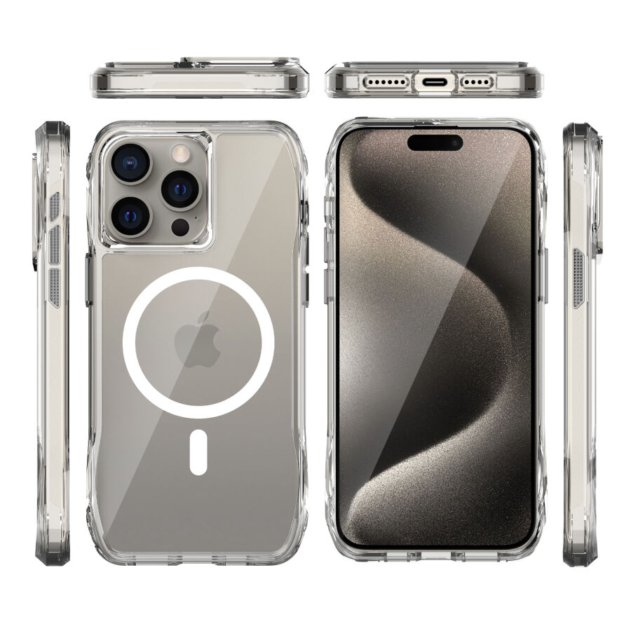 Bix iPhone 15 Pro Max Octagon Hava Yastıklı MagSafe Kılıf Maksimum Korumalı Antrasit Kristal Şeffaf  - 4