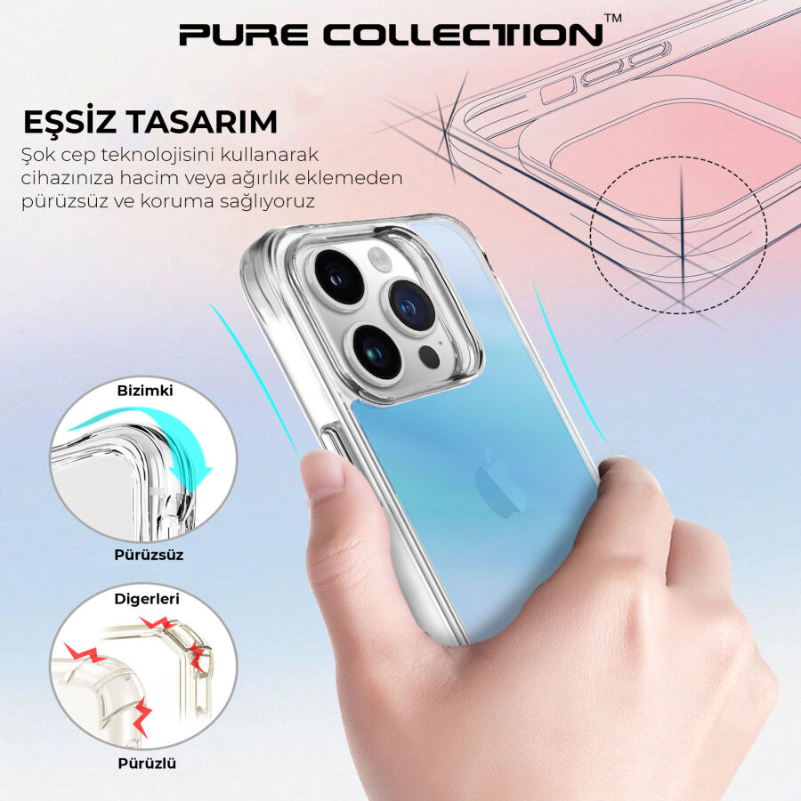 Bix iPhone 15 Pro Max Pure Rainbow Renk Geçişli Şeffaf Kılıf Çizilmeye Dayanıklı Darbe Emici Mavi - 7