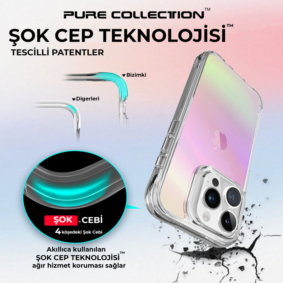 Bix iPhone 15 Pro Max Pure Rainbow Renk Geçişli Şeffaf Kılıf Çizilmeye Dayanıklı Darbe Emici Pembe - 6