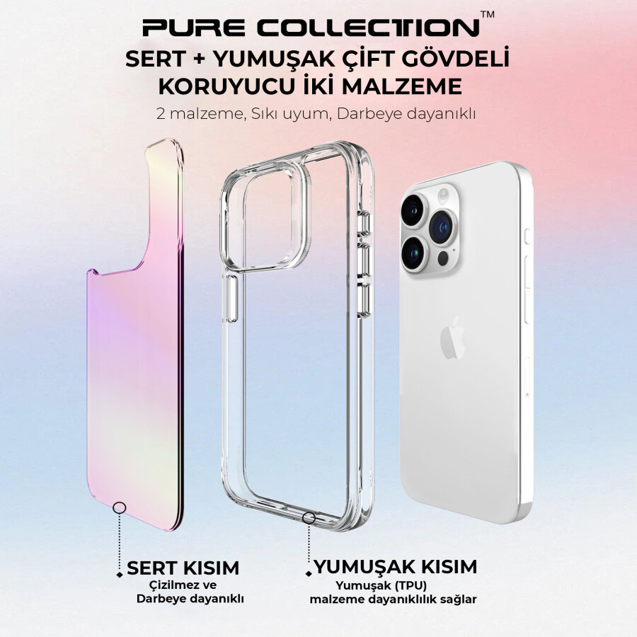 Bix iPhone 15 Pro Max Pure Rainbow Renk Geçişli Şeffaf Kılıf Çizilmeye Dayanıklı Darbe Emici Pembe - 8