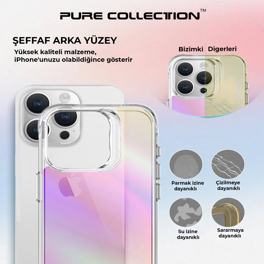 Bix iPhone 15 Pro Max Pure Rainbow Renk Geçişli Şeffaf Kılıf Çizilmeye Dayanıklı Darbe Emici Pembe - 9