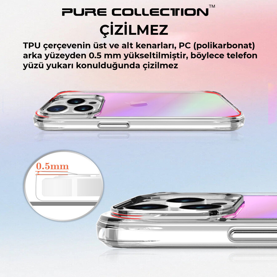 Bix iPhone 15 Pro Max Pure Rainbow Renk Geçişli Şeffaf Kılıf Çizilmeye Dayanıklı Darbe Emici Pembe - 13