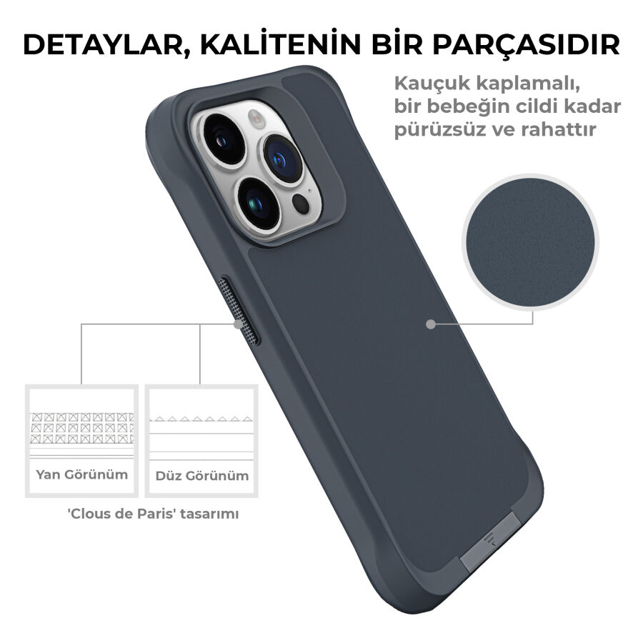 Bix iPhone 15 Pro Max Vortex MagSafe Kılıf Stand Özellikli 3X Korumalı Mikro Fiber İç Yüzey Gri Mavi - 10