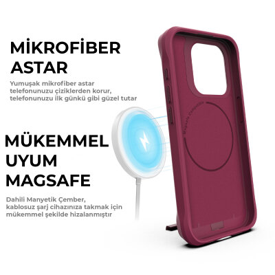 Bix iPhone 15 Pro Max Vortex MagSafe Kılıf Stand Özellikli 3X Korumalı Mikro Fiber İç Yüzey Kırmızı - 12