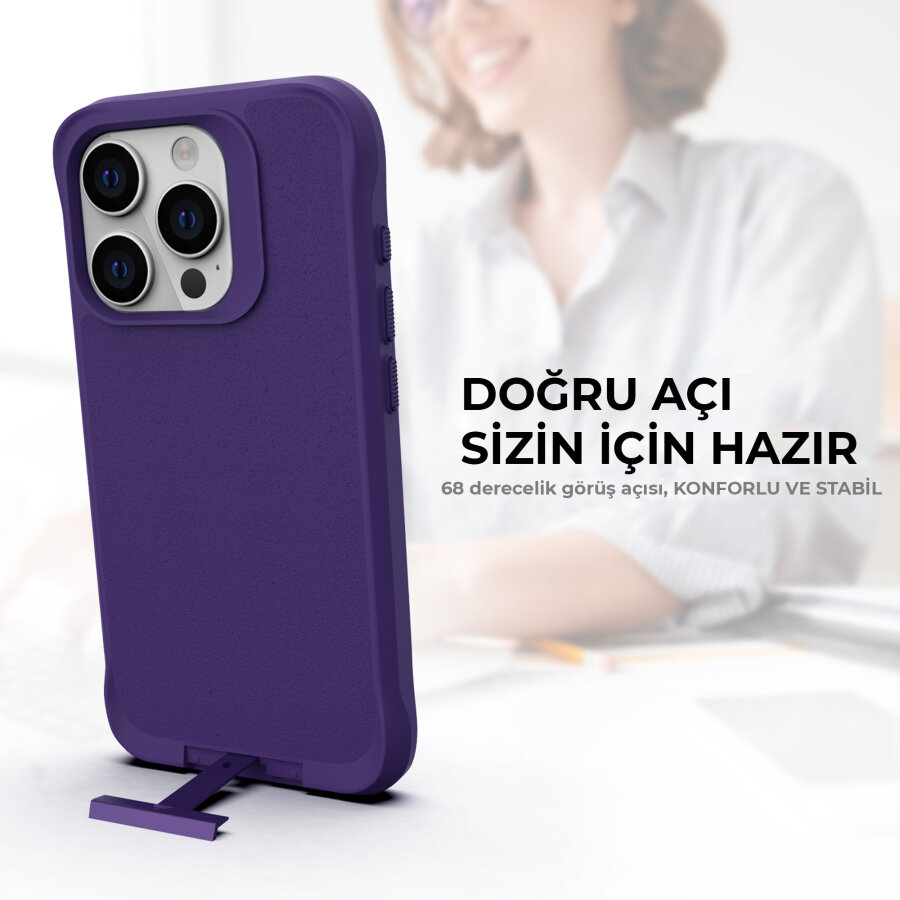 Bix iPhone 15 Pro Max Vortex MagSafe Kılıf Stand Özellikli 3X Korumalı Mikro Fiber İç Yüzey Koyu Mor - 7