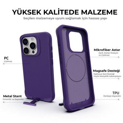 Bix iPhone 15 Pro Max Vortex MagSafe Kılıf Stand Özellikli 3X Korumalı Mikro Fiber İç Yüzey Koyu Mor - 12