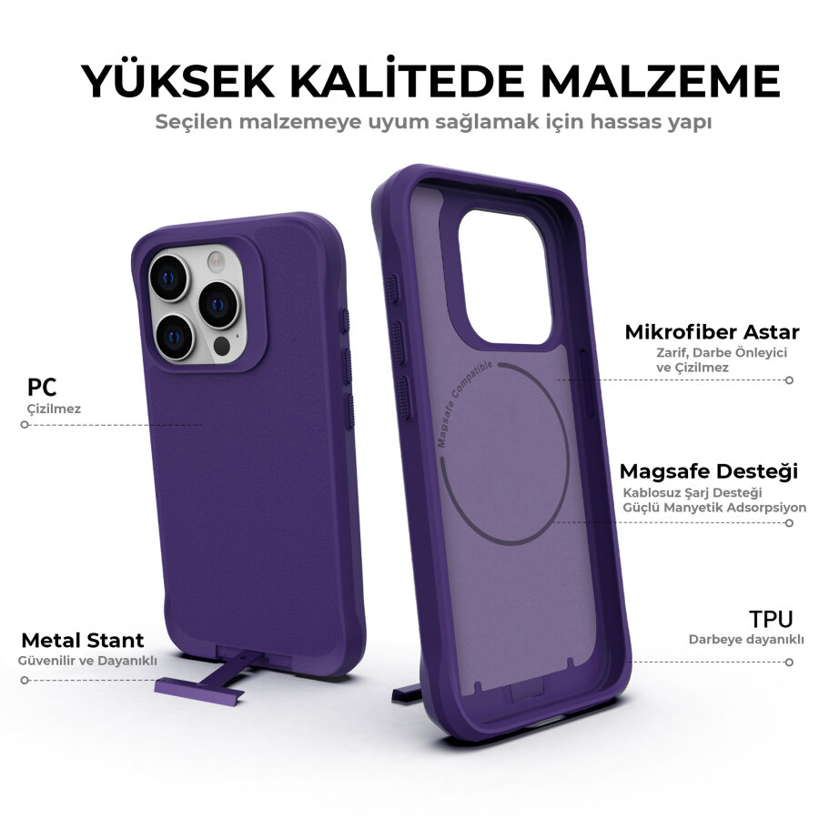 Bix iPhone 15 Pro Max Vortex MagSafe Kılıf Stand Özellikli 3X Korumalı Mikro Fiber İç Yüzey Koyu Mor - 12