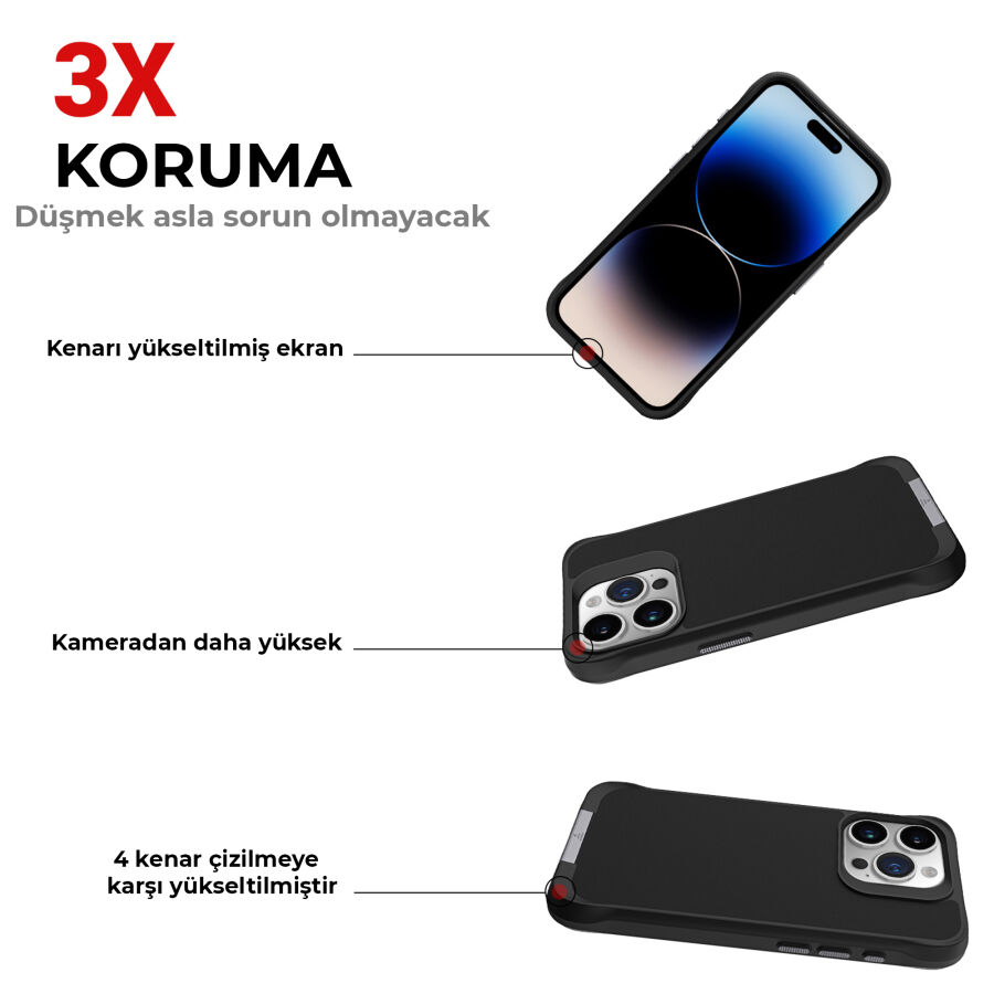 Bix iPhone 15 Pro Max Vortex MagSafe Kılıf Stand Özellikli 3X Korumalı Mikro Fiber İç Yüzey Siyah - 6