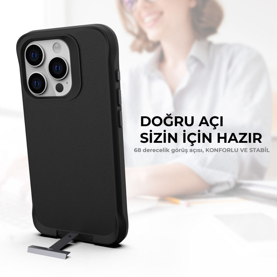 Bix iPhone 15 Pro Max Vortex MagSafe Kılıf Stand Özellikli 3X Korumalı Mikro Fiber İç Yüzey Siyah - 7