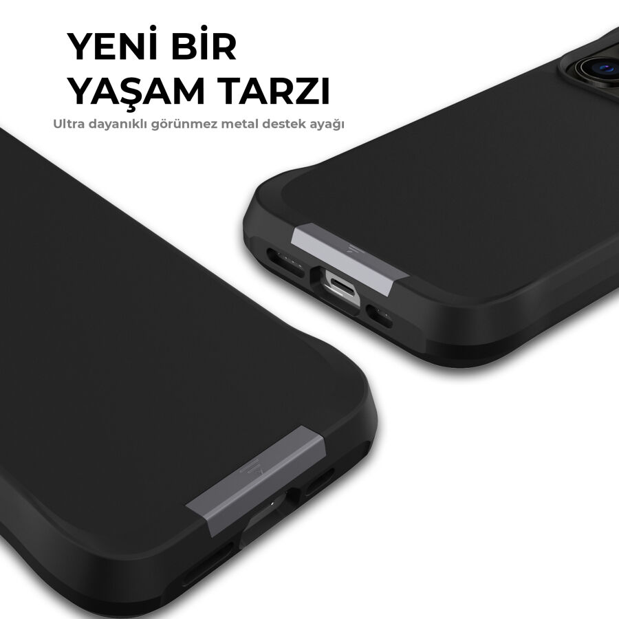 Bix iPhone 15 Pro Max Vortex MagSafe Kılıf Stand Özellikli 3X Korumalı Mikro Fiber İç Yüzey Siyah - 8