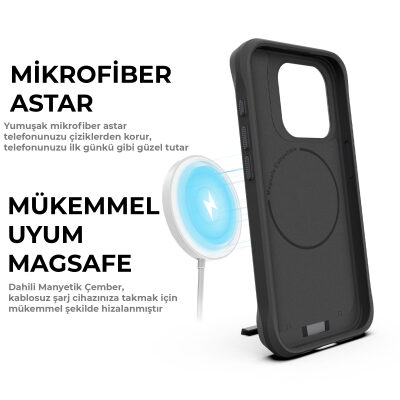Bix iPhone 15 Pro Max Vortex MagSafe Kılıf Stand Özellikli 3X Korumalı Mikro Fiber İç Yüzey Siyah - 10